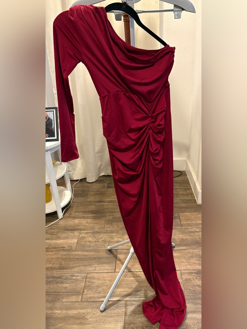 Ruched Burgundy One Shoulder Long Sleeve Maxi Dress